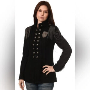 Ed Hardy Women's Size S  Black Embellished Double Breasted military Coat Jacket